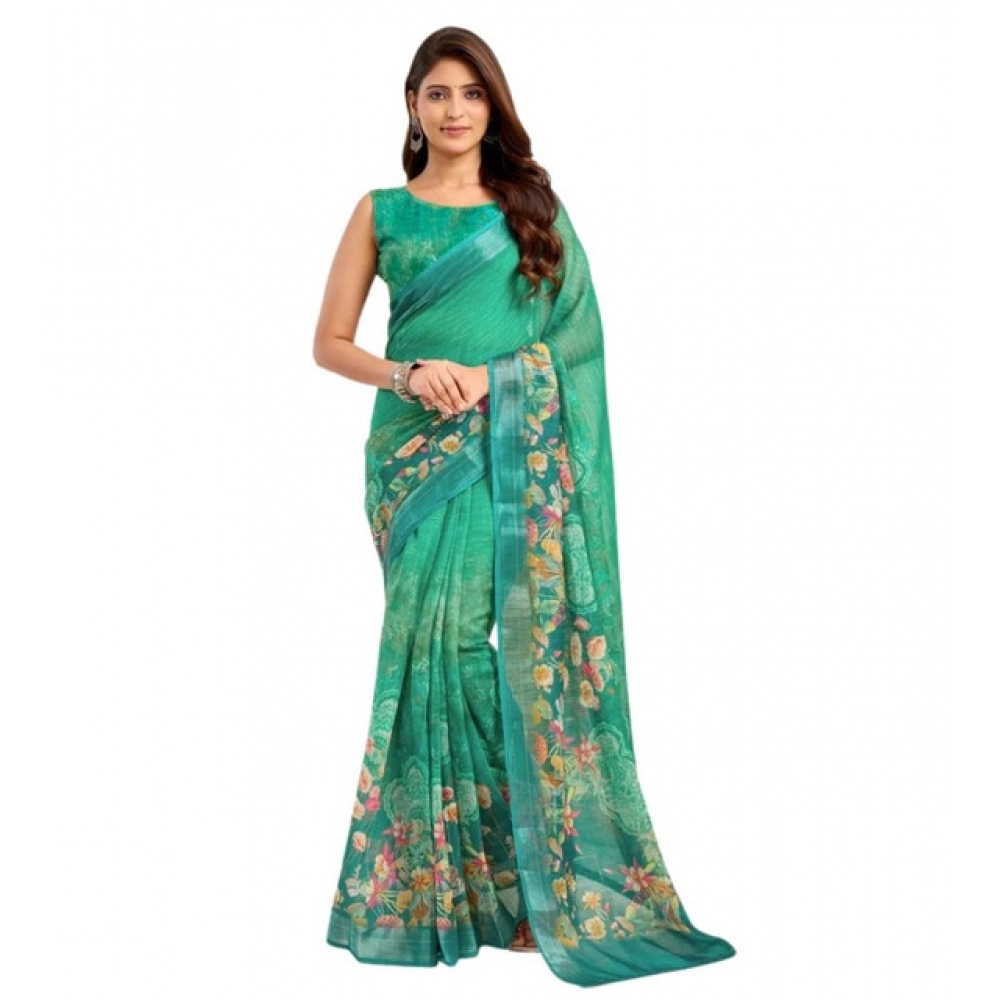 Generic Women's Faux Linen Floral Ready to wear Saree With Unstitched Blouse 5.5Mtr (Green) - Image 5
