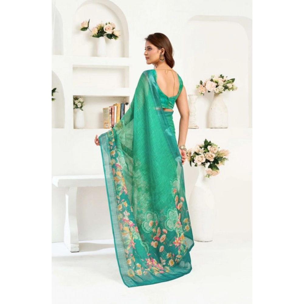 Generic Women's Faux Linen Floral Ready to wear Saree With Unstitched Blouse 5.5Mtr (Green) - Image 4