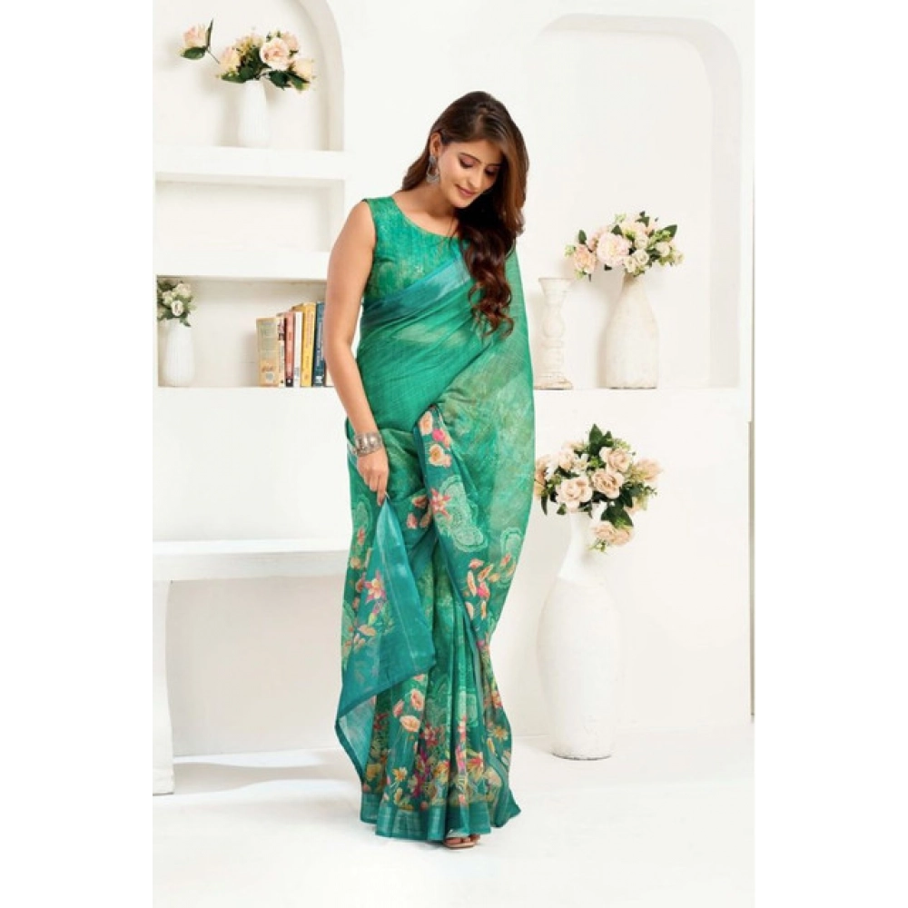 Generic Women's Faux Linen Floral Ready to wear Saree With Unstitched Blouse 5.5Mtr (Green) - Image 3