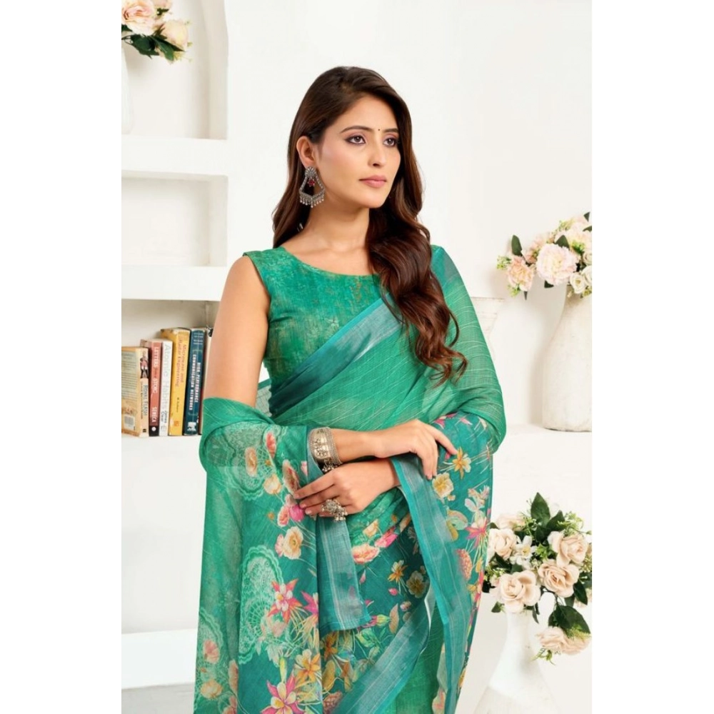 Generic Women's Faux Linen Floral Ready to wear Saree With Unstitched Blouse 5.5Mtr (Green) - Image 2