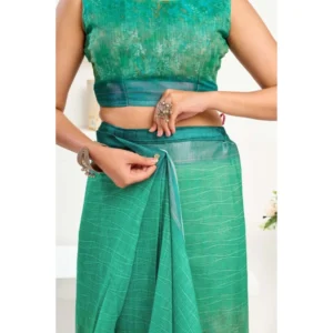 Generic Women's Faux Linen Floral Ready to wear Saree With Unstitched Blouse 5.5Mtr (Green)
