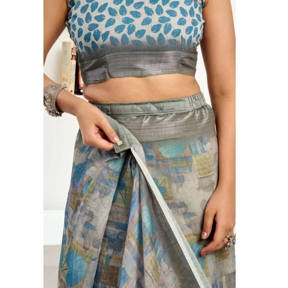 Generic Women's Faux Linen Abstract Print Ready to wear Saree With Unstitched Blouse 5.5Mtr (Grey) - Image 2