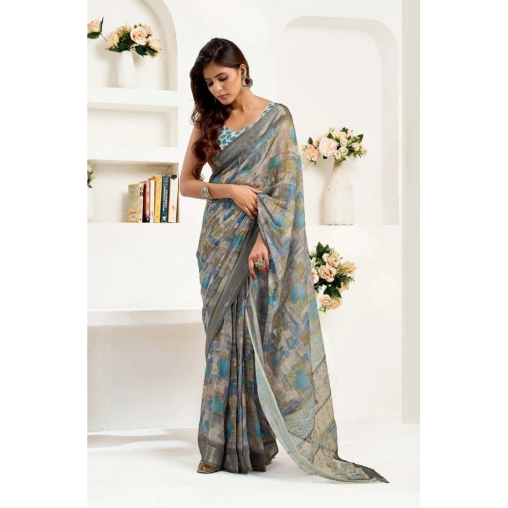 Generic Women's Faux Linen Abstract Print Ready to wear Saree With Unstitched Blouse 5.5Mtr (Grey) - Image 3