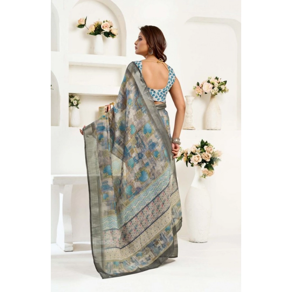 Generic Women's Faux Linen Abstract Print Ready to wear Saree With Unstitched Blouse 5.5Mtr (Grey) - Image 4