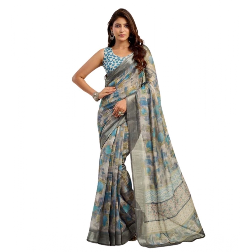 Generic Women's Faux Linen Abstract Print Ready to wear Saree With Unstitched Blouse 5.5Mtr (Grey) - Image 5