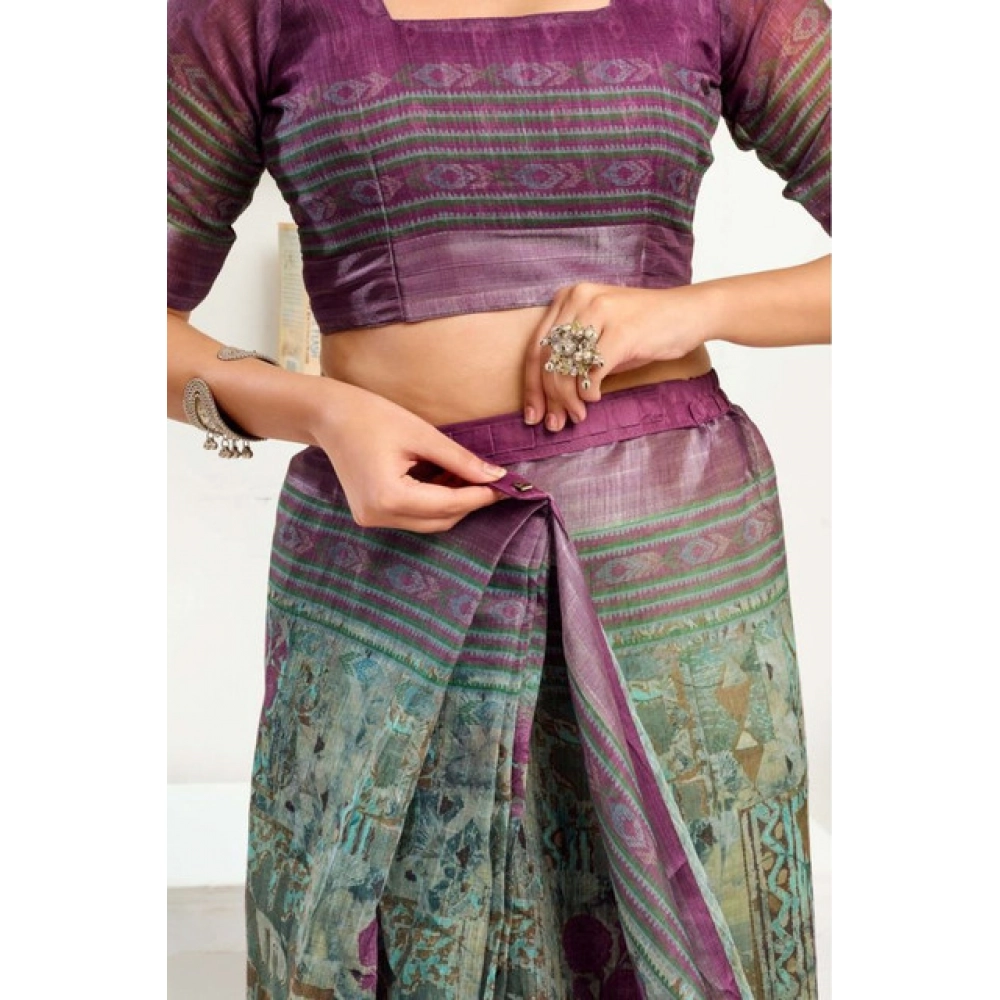 Generic Women's Faux Linen Printed Ready to wear Saree With Unstitched Blouse 5.5Mtr (Multicolor) - Image 2