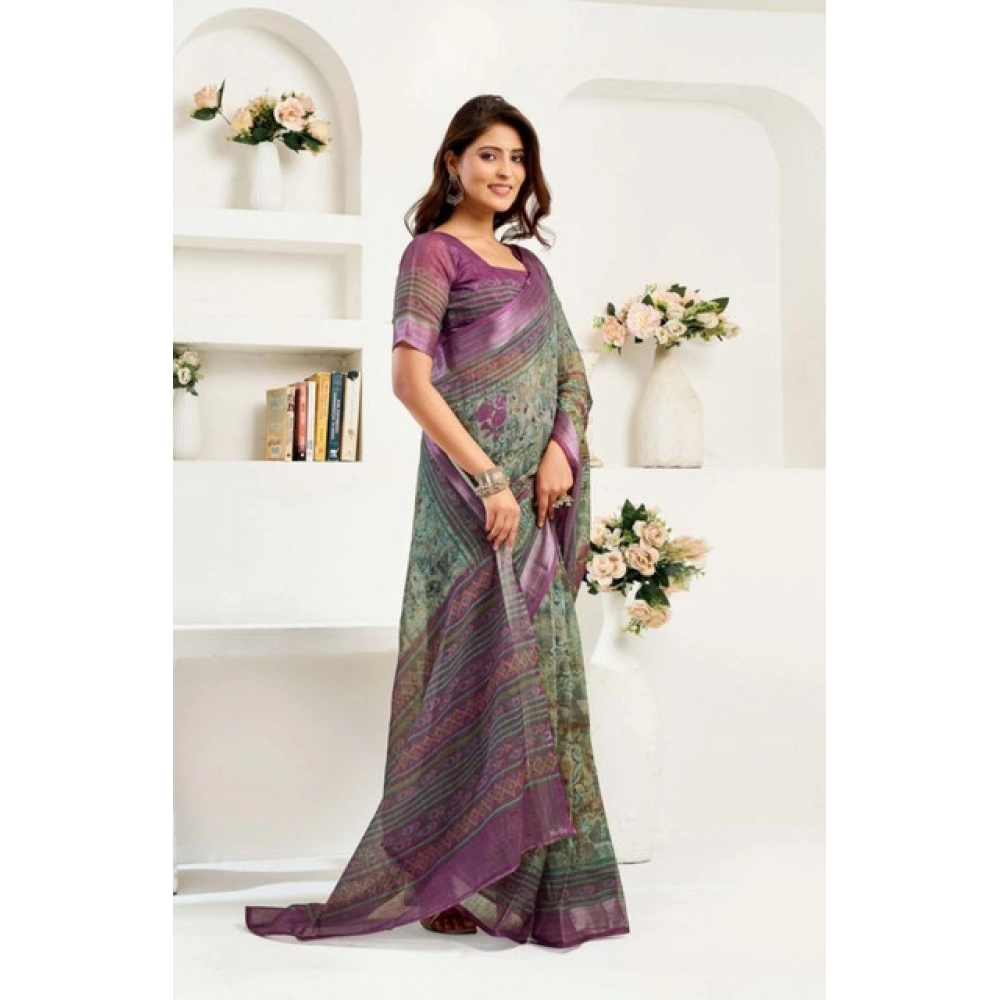 Generic Women's Faux Linen Printed Ready to wear Saree With Unstitched Blouse 5.5Mtr (Multicolor) - Image 3