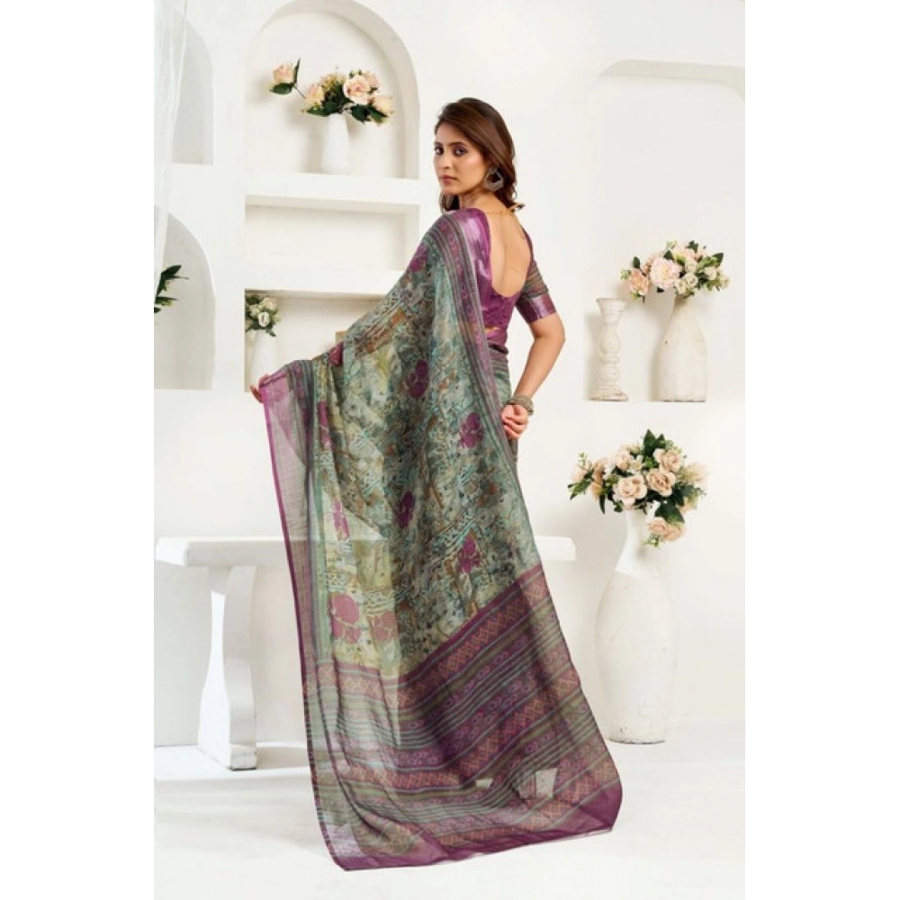 Generic Women's Faux Linen Printed Ready to wear Saree With Unstitched Blouse 5.5Mtr (Multicolor) - Image 4