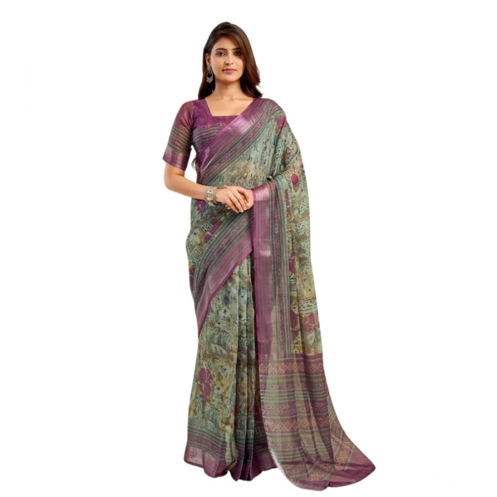 Generic Women's Faux Linen Printed Ready to wear Saree With Unstitched Blouse 5.5Mtr (Multicolor) - Image 5