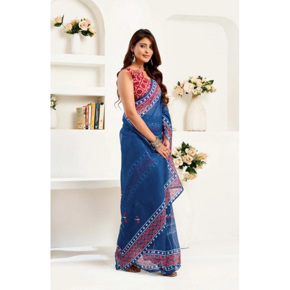 Generic Women's Faux Linen Floral Print Ready to wear Saree With Unstitched Blouse 5.5Mtr (Blue) - Image 3