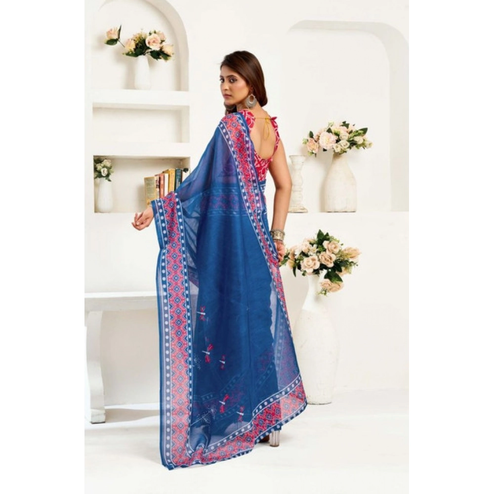 Generic Women's Faux Linen Floral Print Ready to wear Saree With Unstitched Blouse 5.5Mtr (Blue) - Image 4