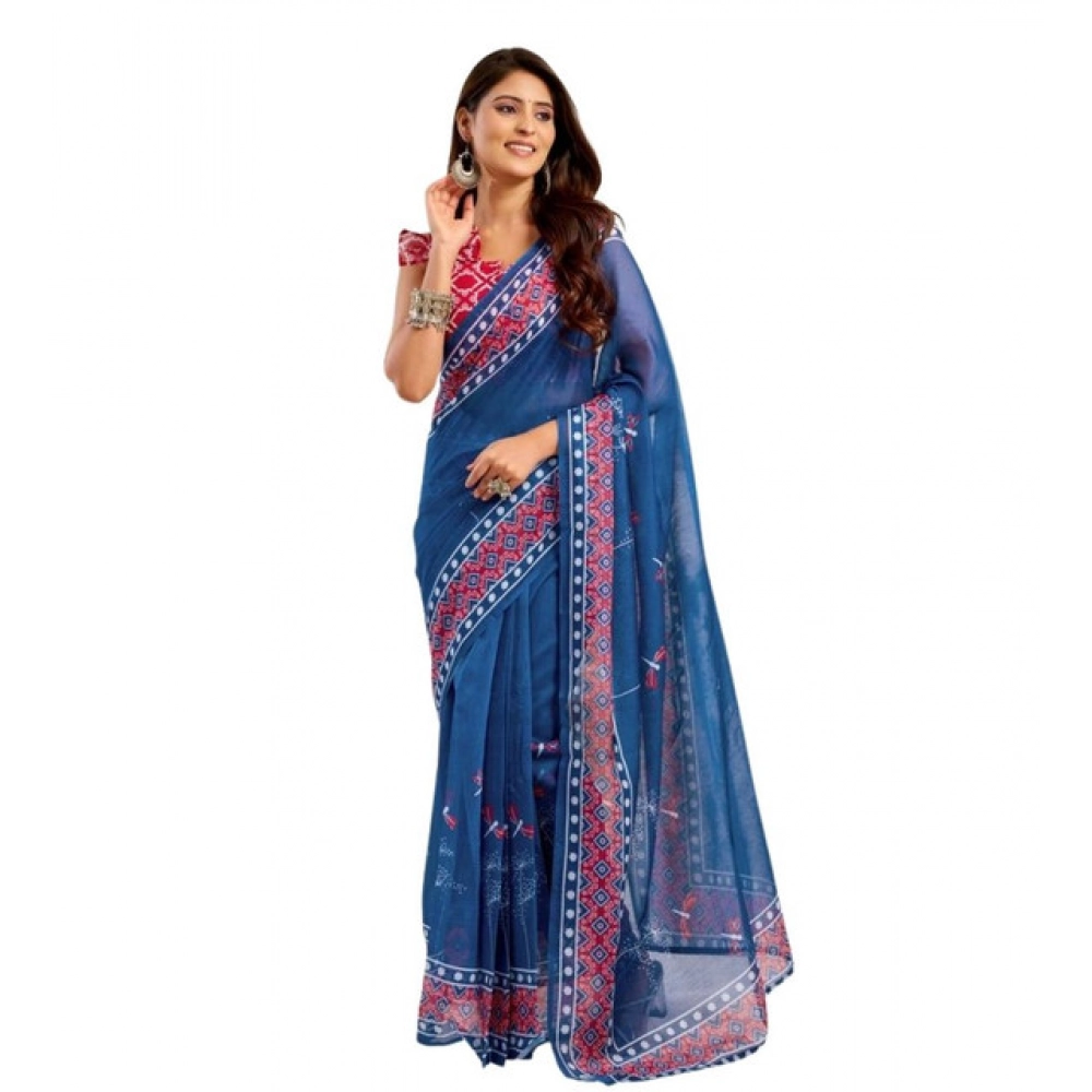 Generic Women's Faux Linen Floral Print Ready to wear Saree With Unstitched Blouse 5.5Mtr (Blue) - Image 5