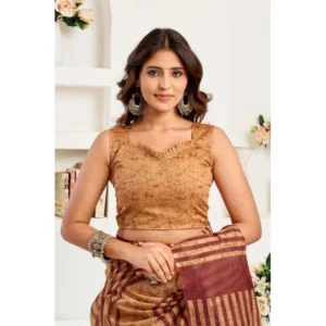Generic Women's Faux Linen Geometric Print Ready to wear Saree With Unstitched Blouse 5.5Mtr (Brown)