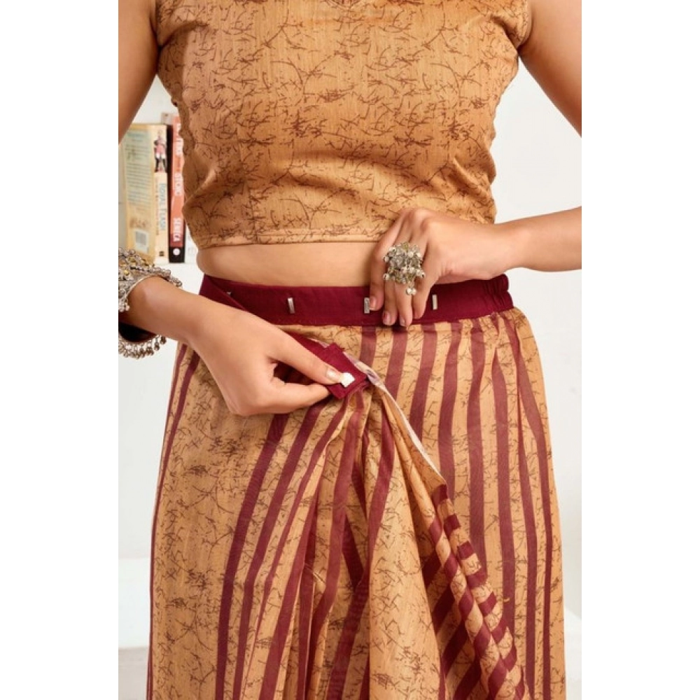 Generic Women's Faux Linen Geometric Print Ready to wear Saree With Unstitched Blouse 5.5Mtr (Brown) - Image 2