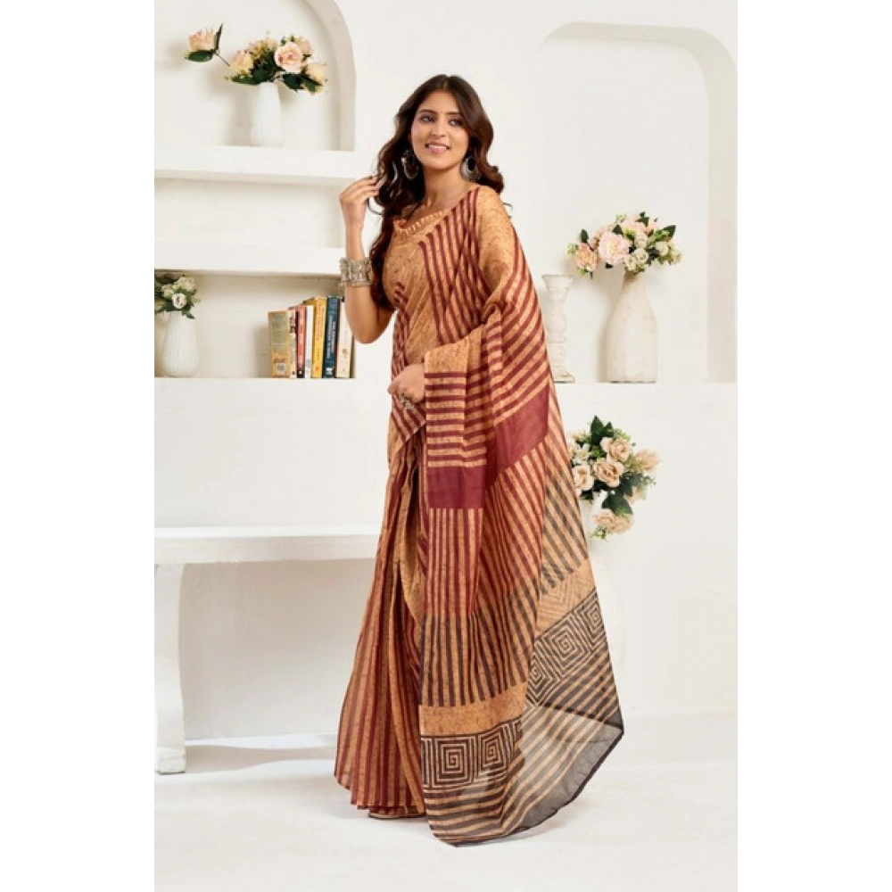Generic Women's Faux Linen Geometric Print Ready to wear Saree With Unstitched Blouse 5.5Mtr (Brown) - Image 3
