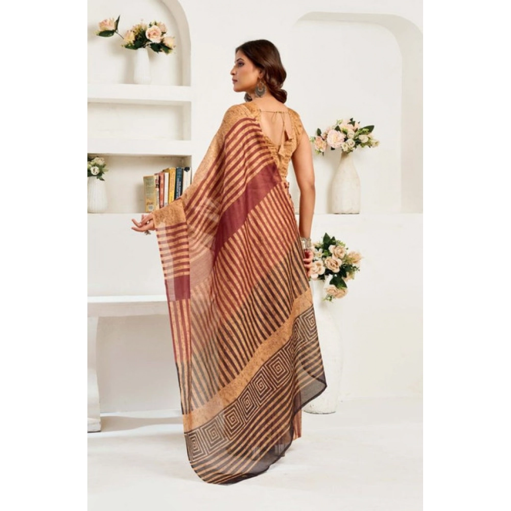 Generic Women's Faux Linen Geometric Print Ready to wear Saree With Unstitched Blouse 5.5Mtr (Brown) - Image 4