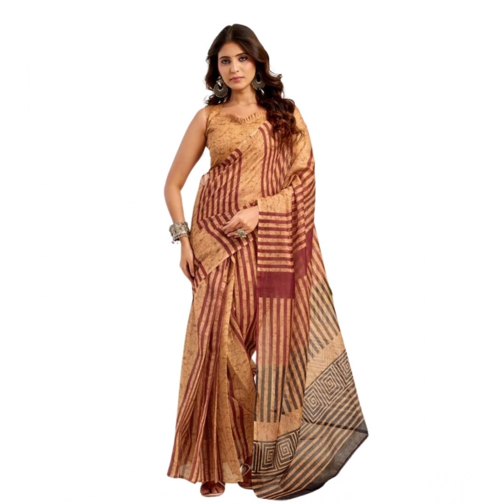 Generic Women's Faux Linen Geometric Print Ready to wear Saree With Unstitched Blouse 5.5Mtr (Brown) - Image 5