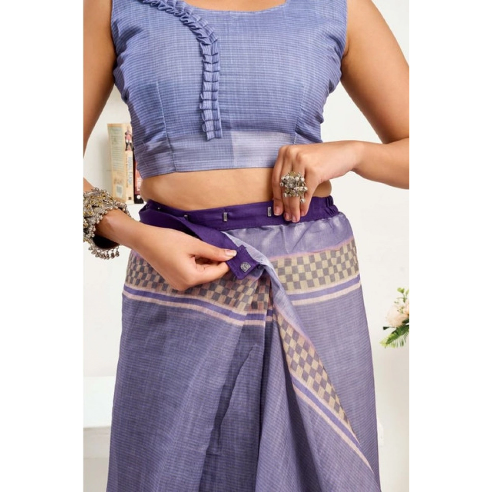Generic Women's Faux Linen Printed Ready to wear Saree With Unstitched Blouse 5.5Mtr (Light_Lavender) - Image 2