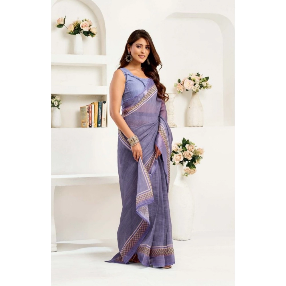 Generic Women's Faux Linen Printed Ready to wear Saree With Unstitched Blouse 5.5Mtr (Light_Lavender) - Image 3