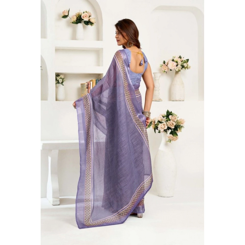 Generic Women's Faux Linen Printed Ready to wear Saree With Unstitched Blouse 5.5Mtr (Light_Lavender) - Image 4