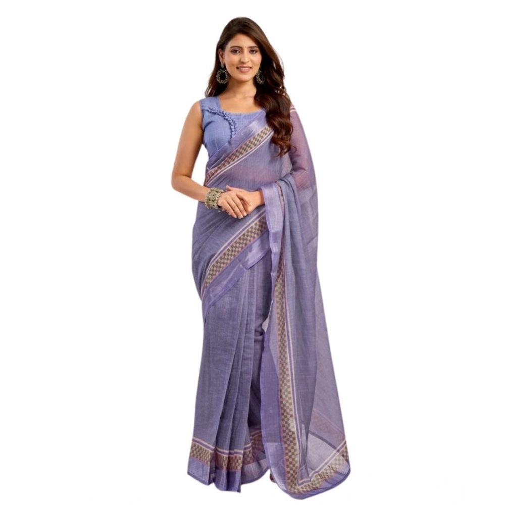 Generic Women's Faux Linen Printed Ready to wear Saree With Unstitched Blouse 5.5Mtr (Light_Lavender) - Image 5