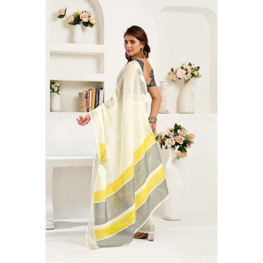 Generic Women's Faux Linen Floral Print Ready to wear Saree With Unstitched Blouse 5.5Mtr (Off_White) - Image 4