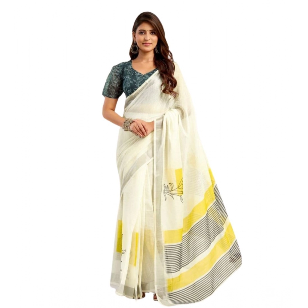 Generic Women's Faux Linen Floral Print Ready to wear Saree With Unstitched Blouse 5.5Mtr (Off_White) - Image 5