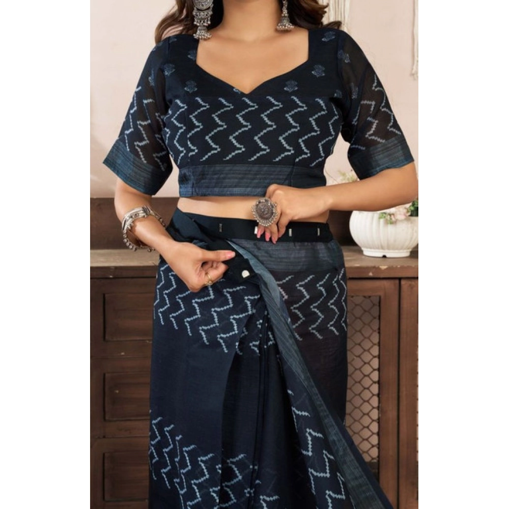 Generic Women's Faux Linen Geometric Print Ready to wear Saree With Unstitched Blouse 5.5Mtr (Black) - Image 2