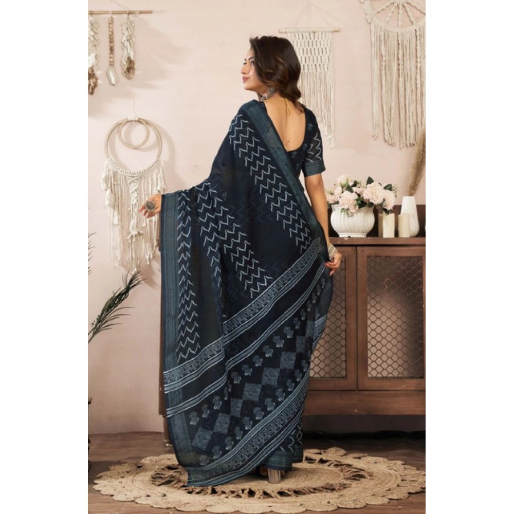 Generic Women's Faux Linen Geometric Print Ready to wear Saree With Unstitched Blouse 5.5Mtr (Black) - Image 4