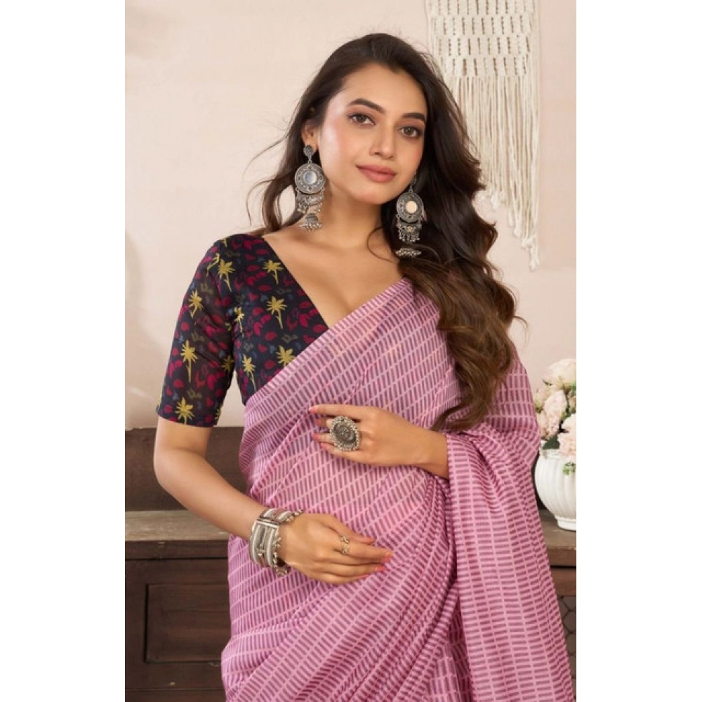 Generic Women's Faux Linen Geometric Ready to wear Saree With Unstitched Blouse 5.5Mtr (LightPink) - Image 2