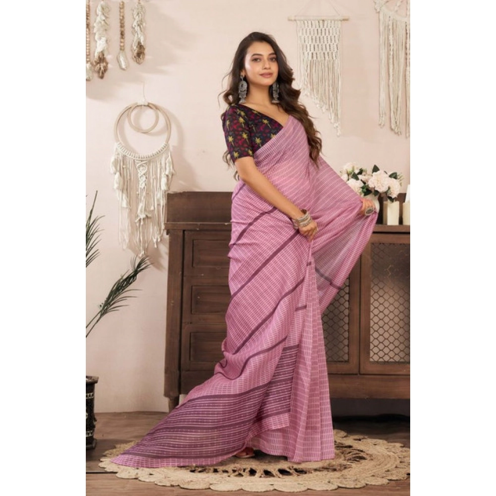 Generic Women's Faux Linen Geometric Ready to wear Saree With Unstitched Blouse 5.5Mtr (LightPink) - Image 3