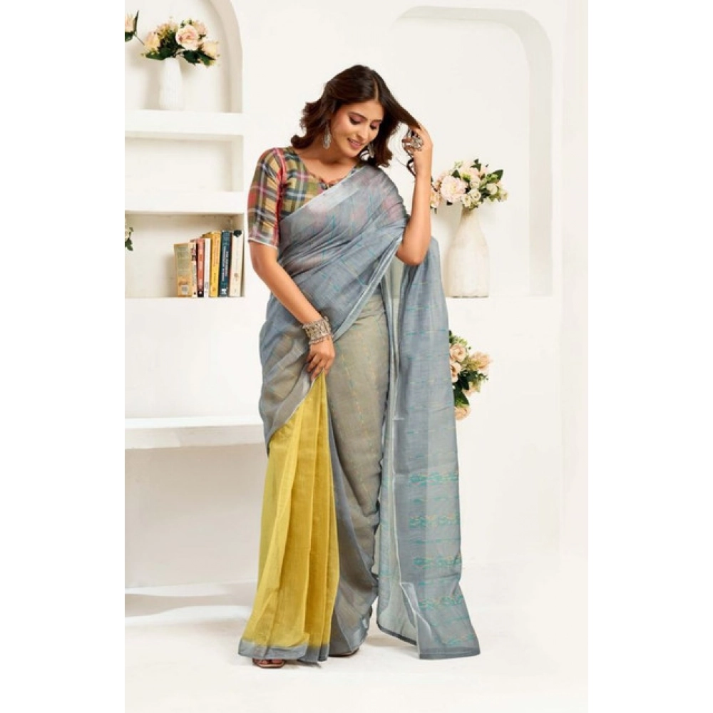Generic Women's Faux Linen Geometric Ready to wear Saree With Unstitched Blouse 5.5Mtr (Grey) - Image 3