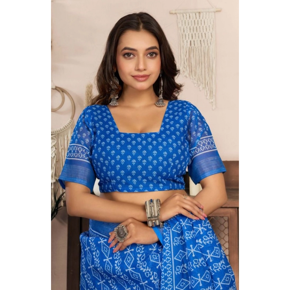 Generic Women's Faux Linen Geometric Print Ready to wear Saree With Unstitched Blouse 5.5Mtr (Blue) - Image 2