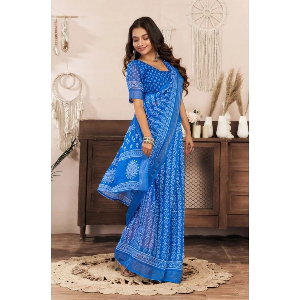 Generic Women's Faux Linen Geometric Print Ready to wear Saree With Unstitched Blouse 5.5Mtr (Blue) - Image 3