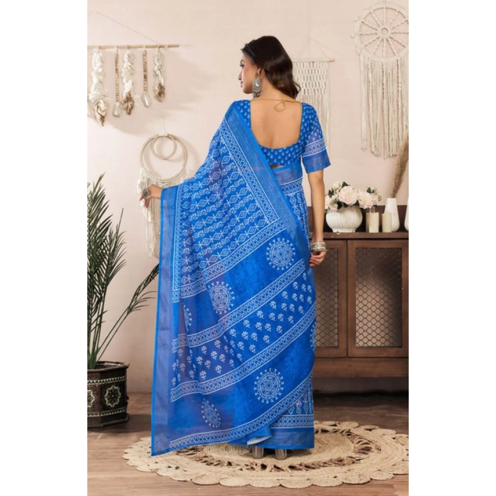 Generic Women's Faux Linen Geometric Print Ready to wear Saree With Unstitched Blouse 5.5Mtr (Blue) - Image 4