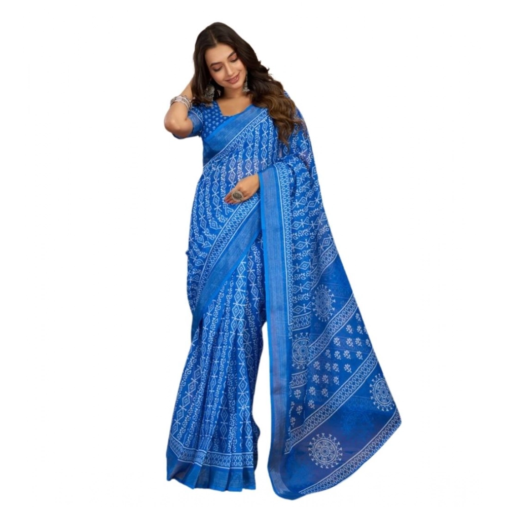 Generic Women's Faux Linen Geometric Print Ready to wear Saree With Unstitched Blouse 5.5Mtr (Blue) - Image 5