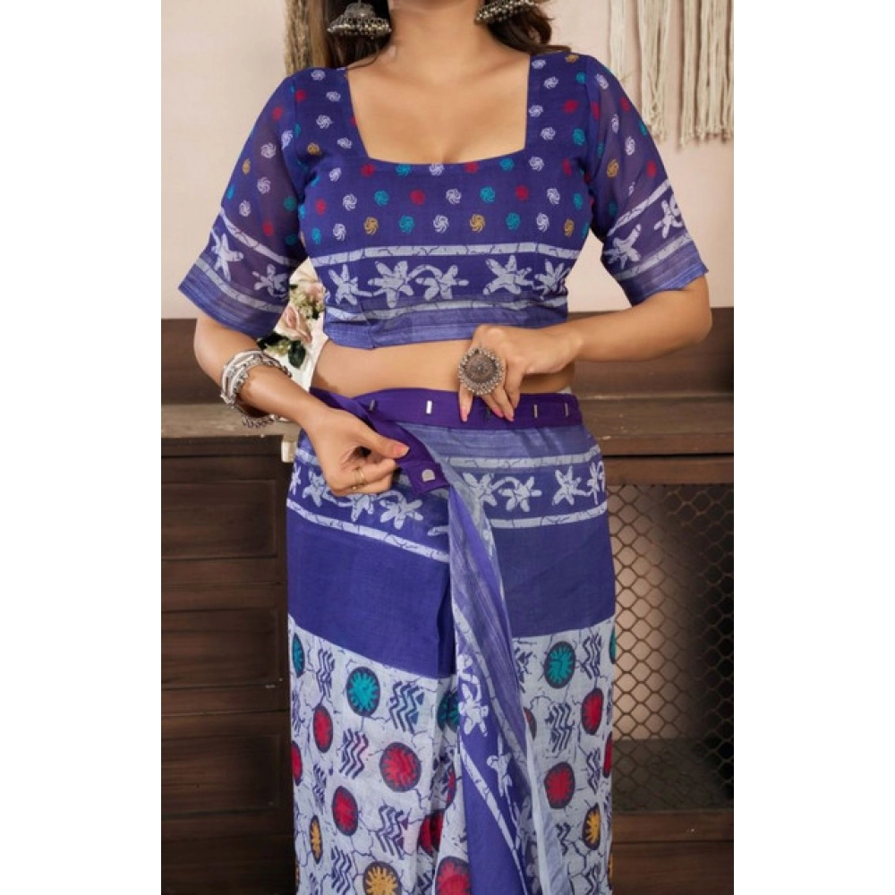 Generic Women's Faux Linen Geometric Print Ready to wear Saree With Unstitched Blouse 5.5Mtr (Blue) - Image 2