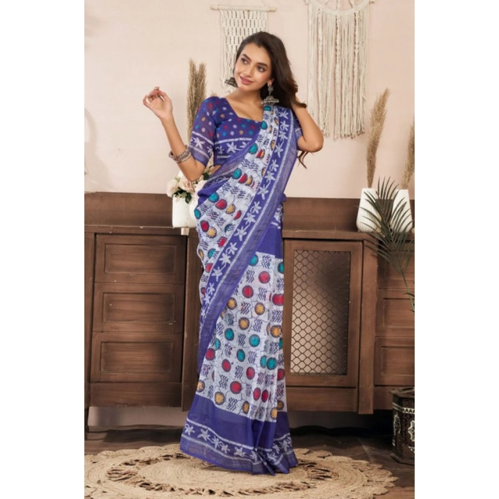 Generic Women's Faux Linen Geometric Print Ready to wear Saree With Unstitched Blouse 5.5Mtr (Blue) - Image 3
