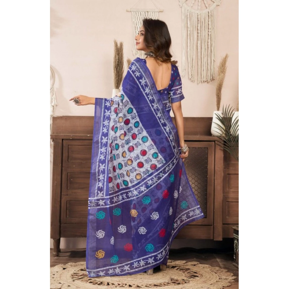 Generic Women's Faux Linen Geometric Print Ready to wear Saree With Unstitched Blouse 5.5Mtr (Blue) - Image 4