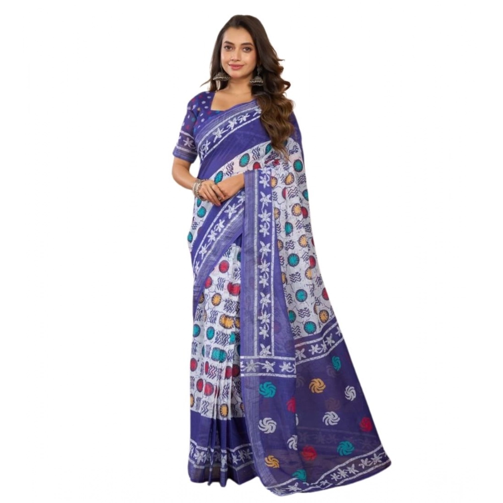 Generic Women's Faux Linen Geometric Print Ready to wear Saree With Unstitched Blouse 5.5Mtr (Blue) - Image 5
