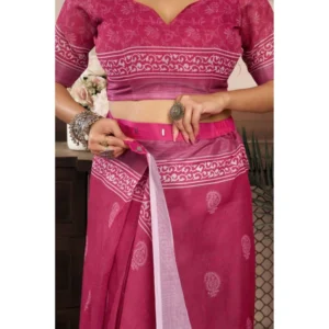 Generic Women's Faux Linen Floral Print Ready to wear Saree With Unstitched Blouse 5.5Mtr (Pink)