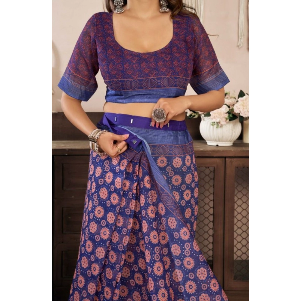Generic Women's Faux Linen Floral Print Ready to wear Saree With Unstitched Blouse 5.5Mtr (Dark_NavyBlue) - Image 2
