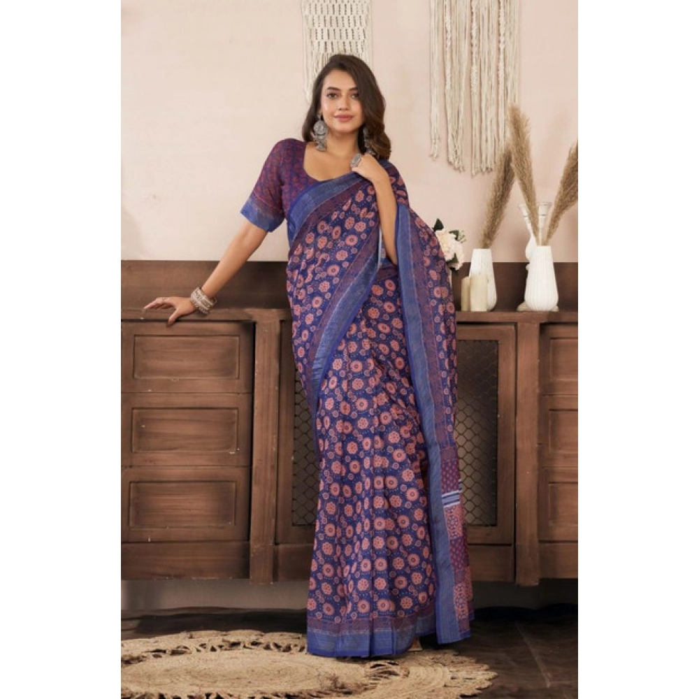 Generic Women's Faux Linen Floral Print Ready to wear Saree With Unstitched Blouse 5.5Mtr (Dark_NavyBlue) - Image 3
