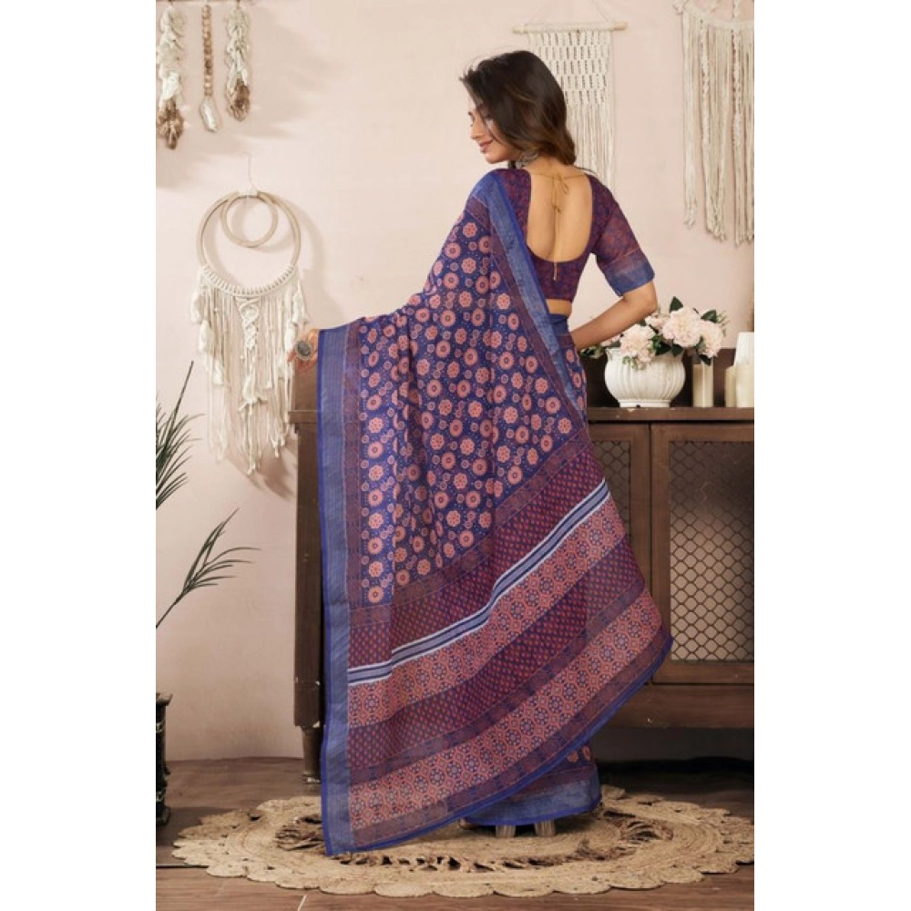 Generic Women's Faux Linen Floral Print Ready to wear Saree With Unstitched Blouse 5.5Mtr (Dark_NavyBlue) - Image 4
