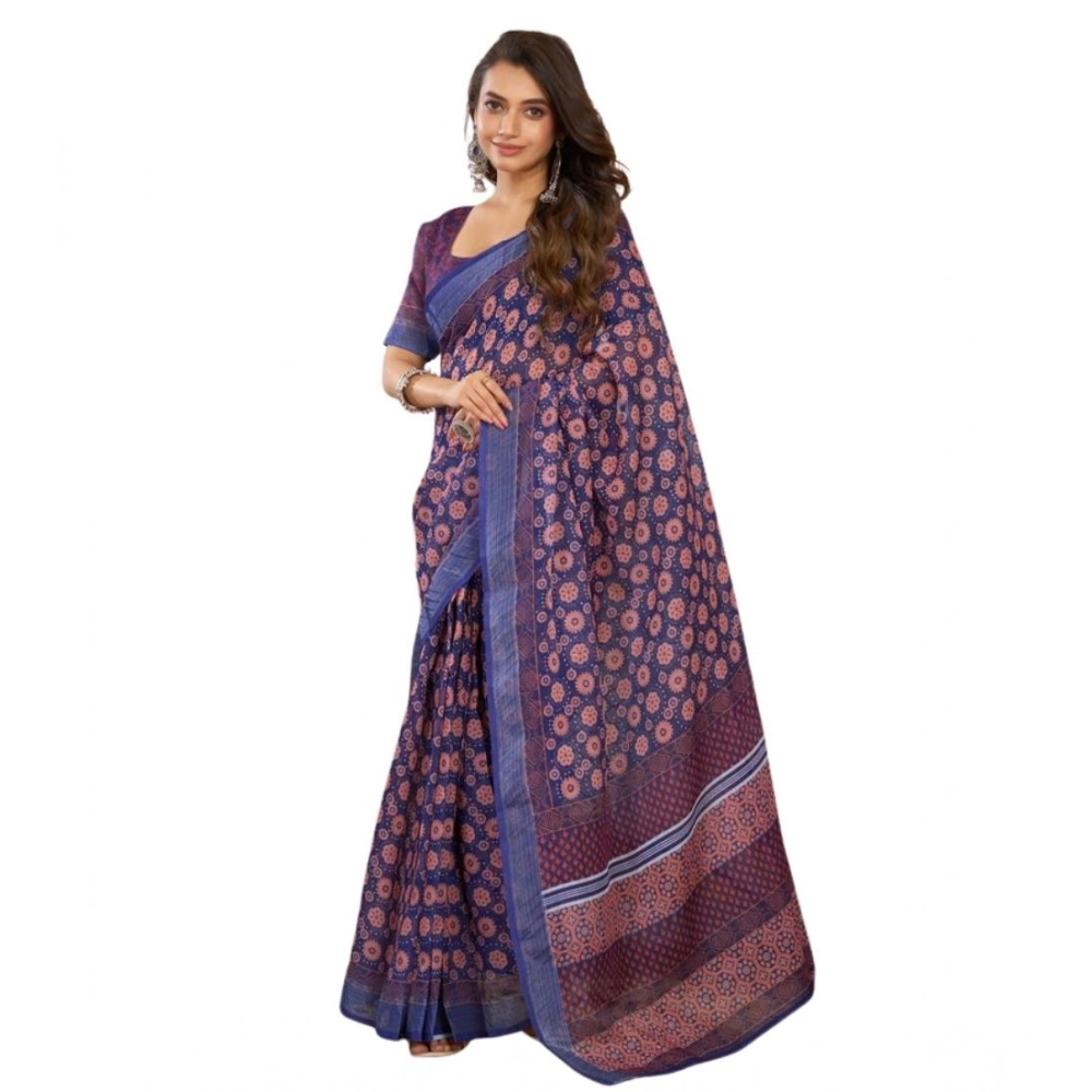 Generic Women's Faux Linen Floral Print Ready to wear Saree With Unstitched Blouse 5.5Mtr (Dark_NavyBlue) - Image 5