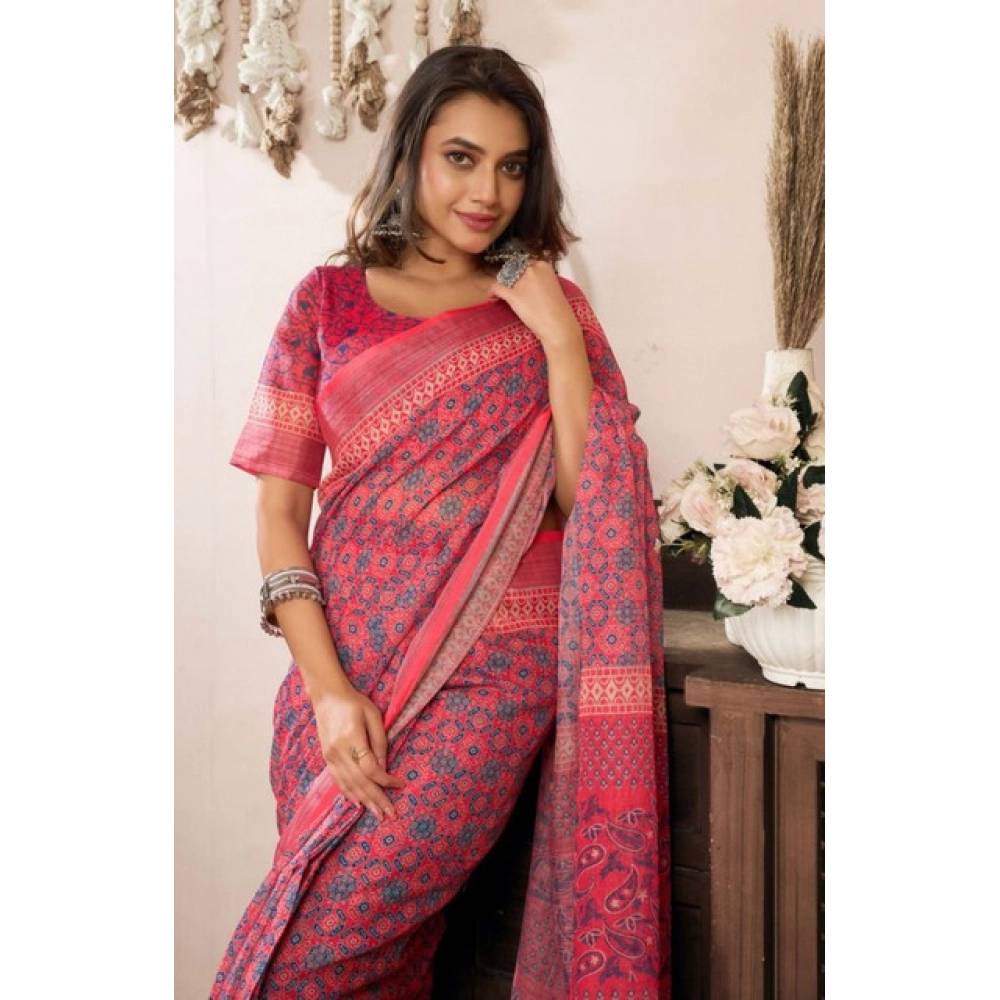 Generic Women's Faux Linen Geometric Print Ready to wear Saree With Unstitched Blouse 5.5Mtr (Red) - Image 2