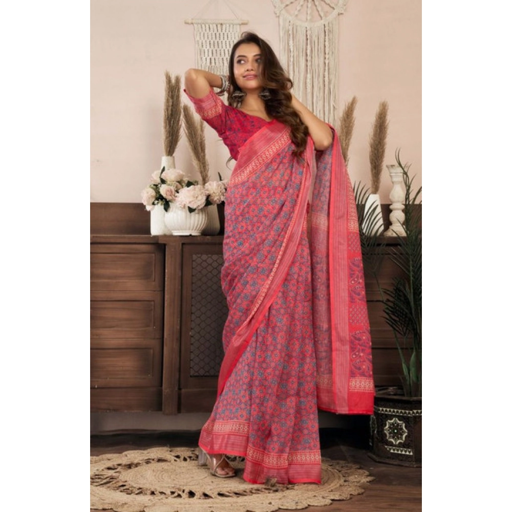 Generic Women's Faux Linen Geometric Print Ready to wear Saree With Unstitched Blouse 5.5Mtr (Red) - Image 3