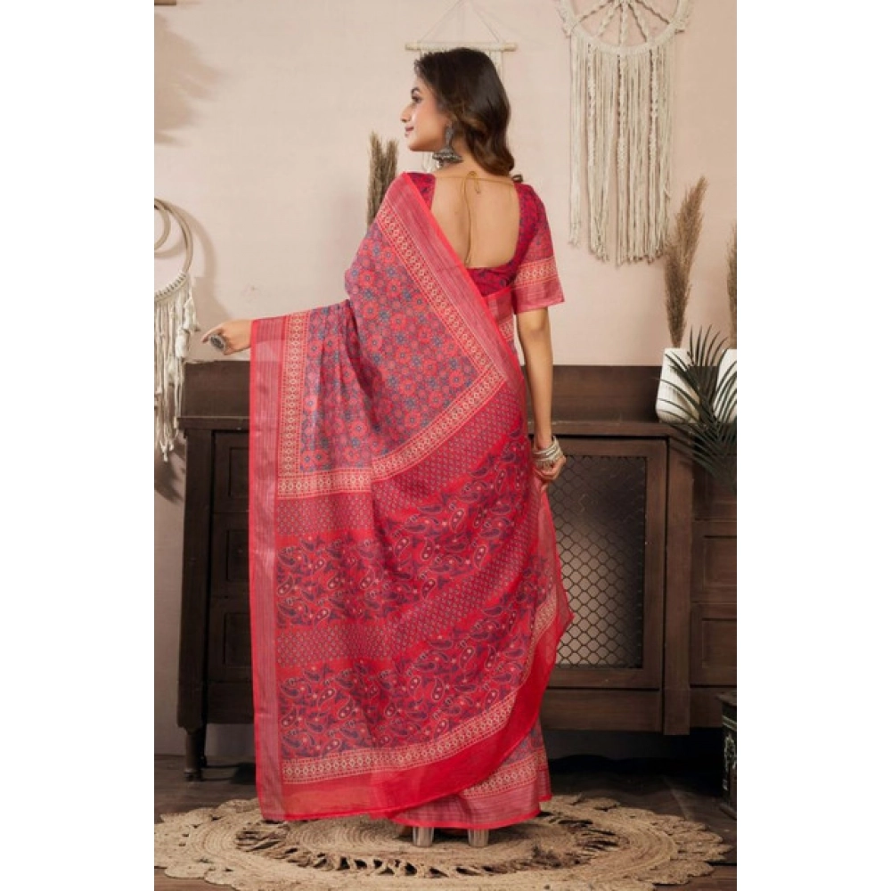 Generic Women's Faux Linen Geometric Print Ready to wear Saree With Unstitched Blouse 5.5Mtr (Red) - Image 4