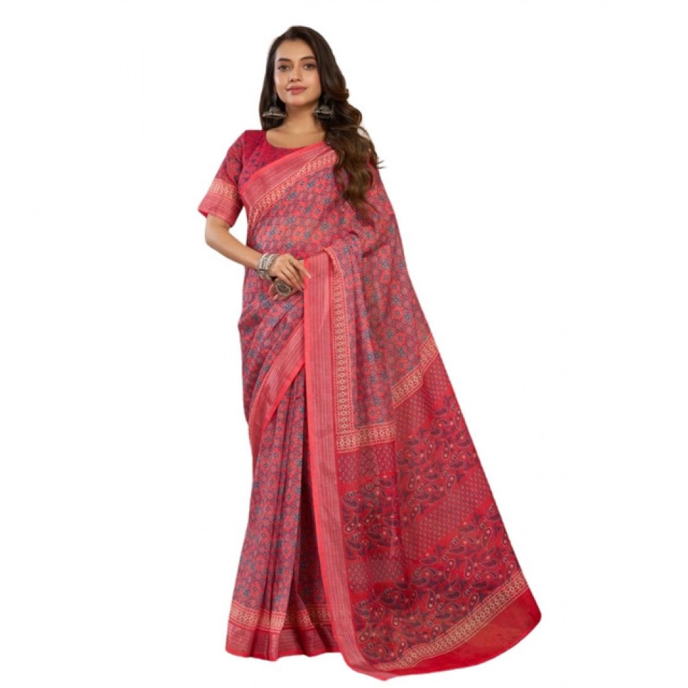 Generic Women's Faux Linen Geometric Print Ready to wear Saree With Unstitched Blouse 5.5Mtr (Red) - Image 5