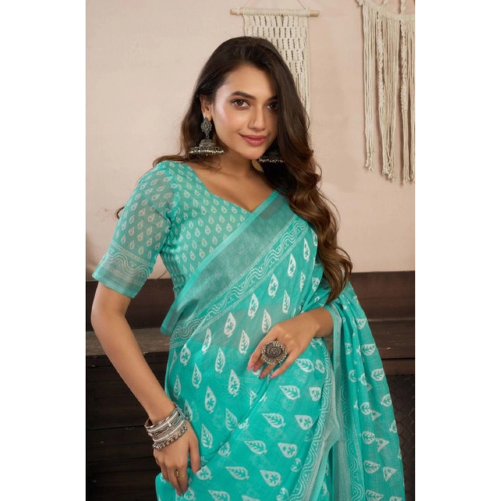 Generic Women's Faux Linen Leaf Print Ready to wear Saree With Unstitched Blouse 5.5Mtr (SeaGreen) - Image 2